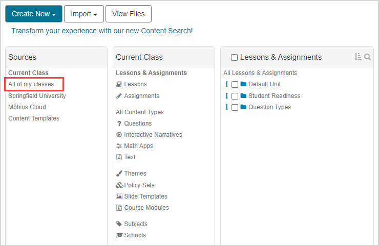 Under Sources pane in the Content Repository, All of my classes is highlighted.